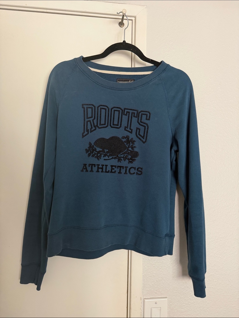 Roots Teal Blue Women's Crewneck Sweatshirt with 'Roots Athletics' Logo